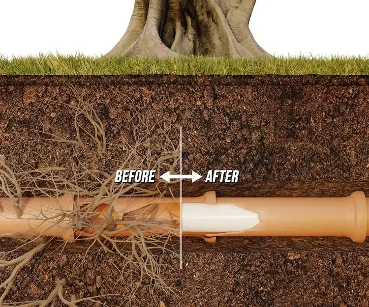 Trenchless sewer repair before and after showing tree roots removed and pipe relined.