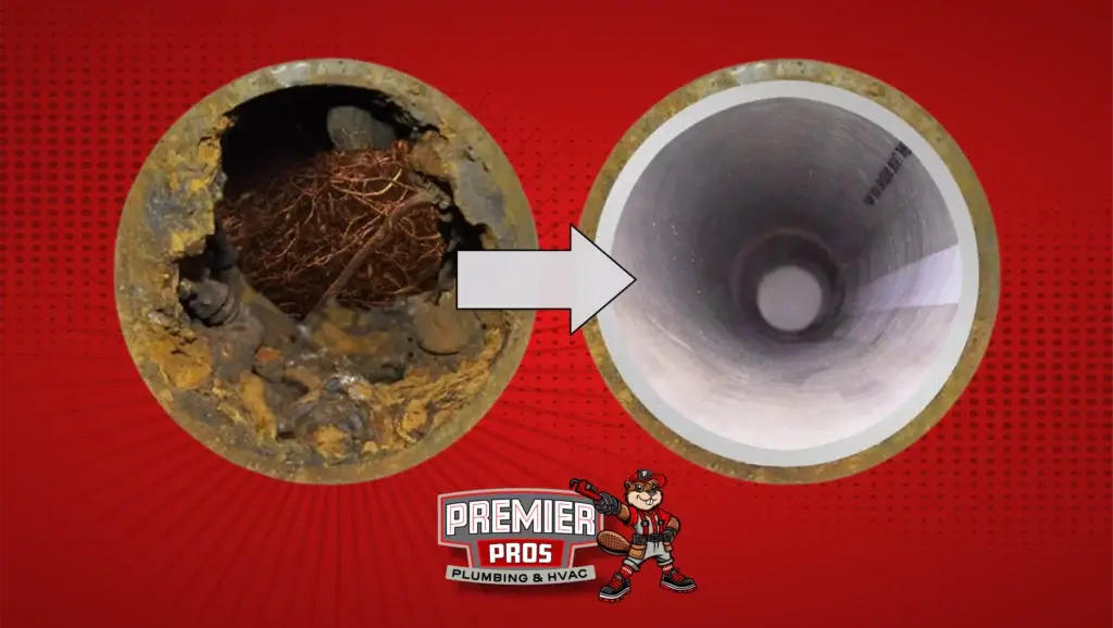 Before and after pipe cleaning showing root intrusion removal.